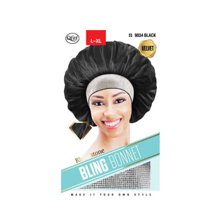 QFITT RHINESTONE BLING BONNET VELVET - BLACK *9034