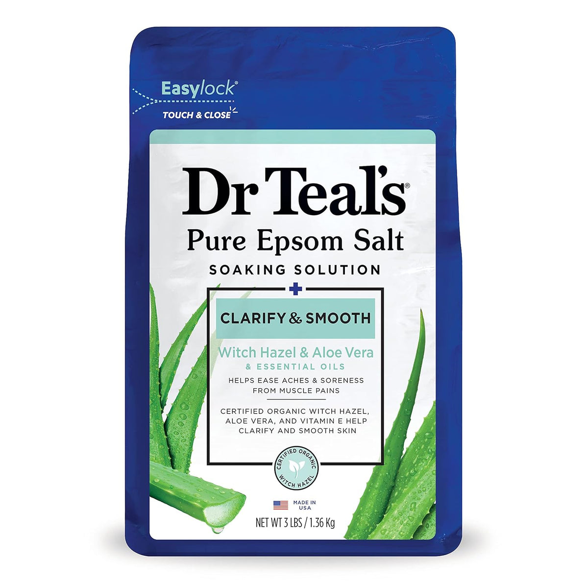 Dr Teal’s Clarify & Smooth Pure Epsom Salt Soaking Solution with Witch Hazel & Aloe Vera 3 lb (1.36 kg) product package